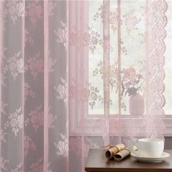 Pink Sheer Curtains for Girls Bedroom - Vintage Floral Sheer Lace Curtains - Picture 1 of 7